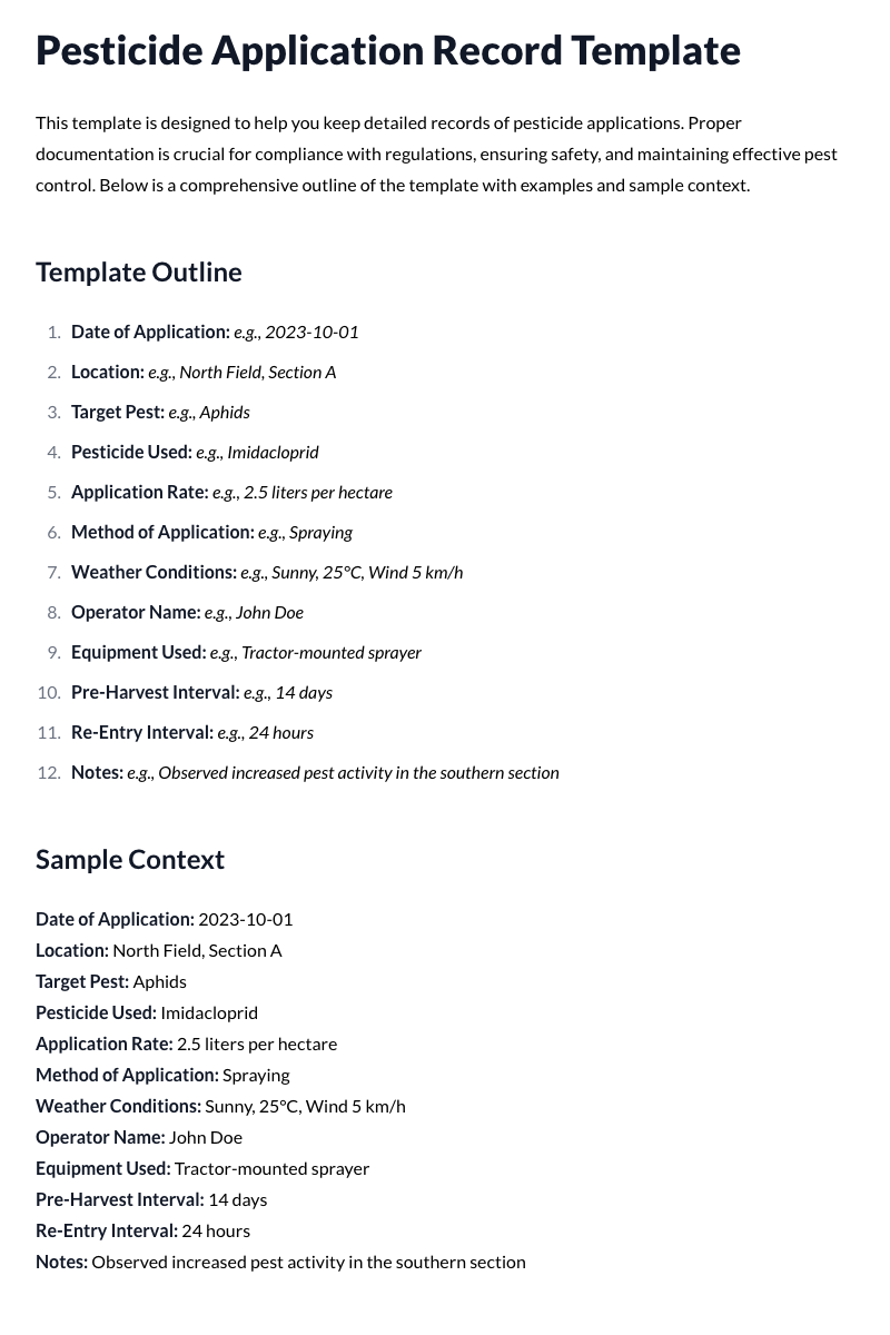 Pesticide Application Record Template