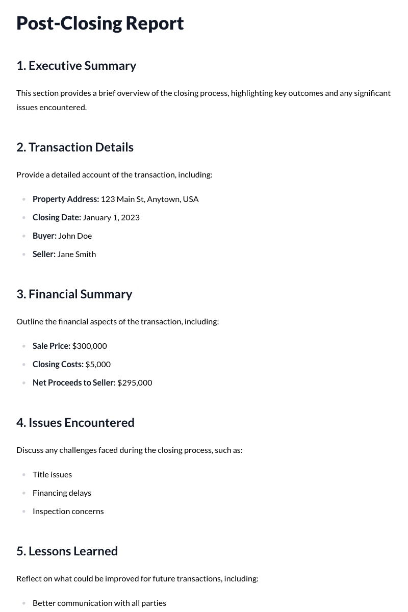 Post-Closing Reports Template