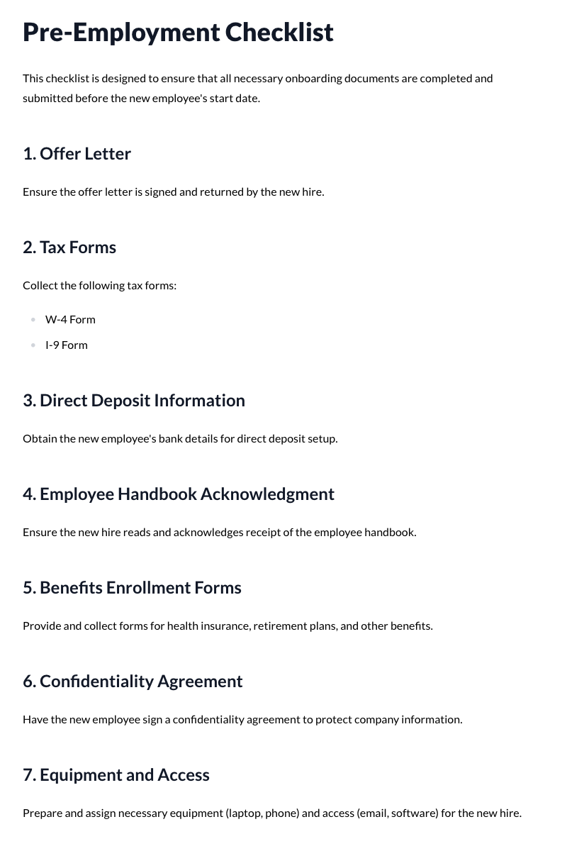 Pre-Employment Checklist (Onboarding documents)