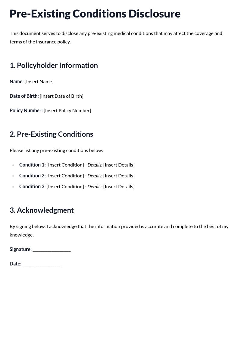 Pre-Existing Conditions Disclosure Template