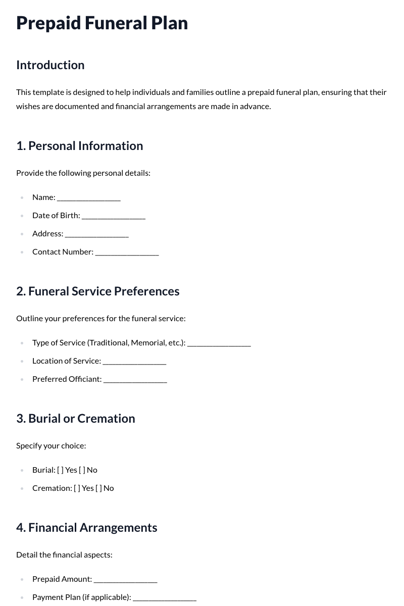 Prepaid Funeral Plan Template