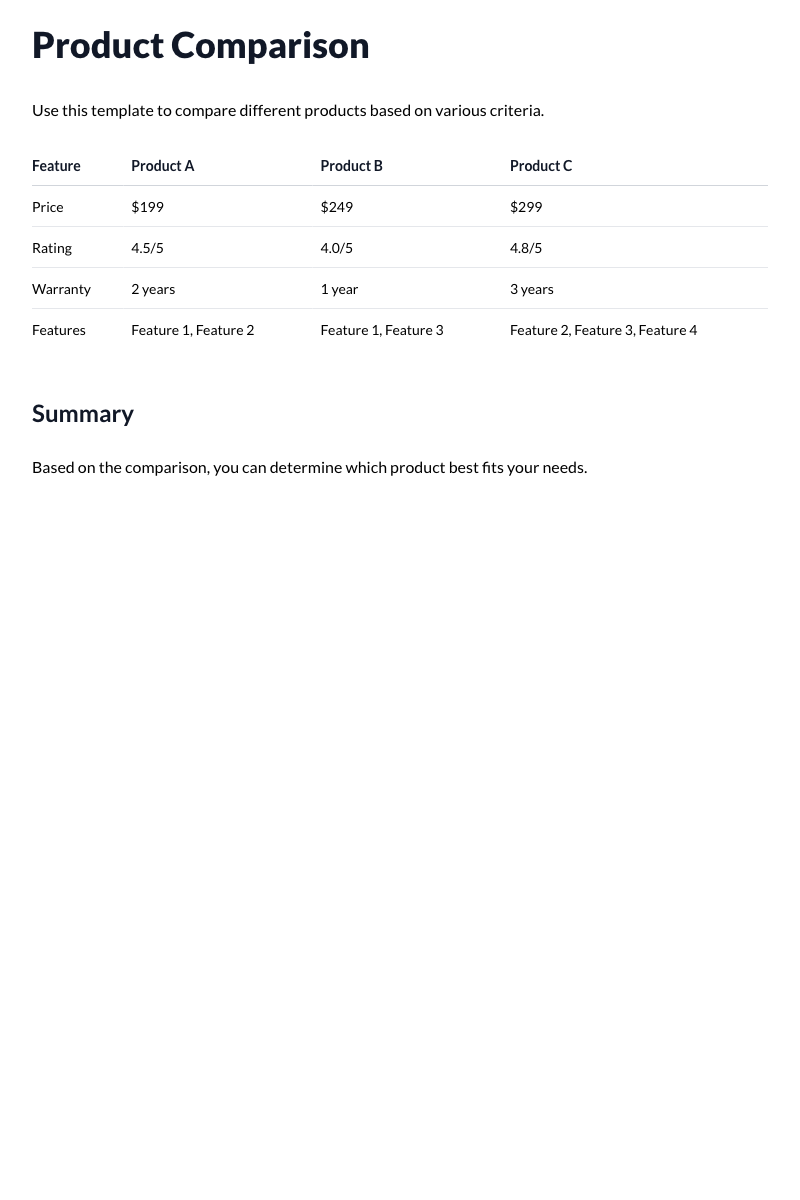 Product Comparison Template