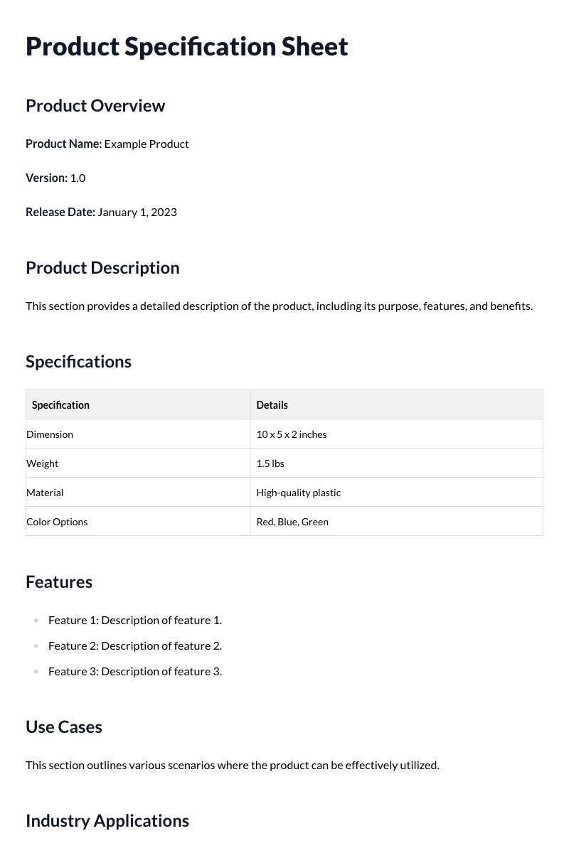 Product Specification Sheet