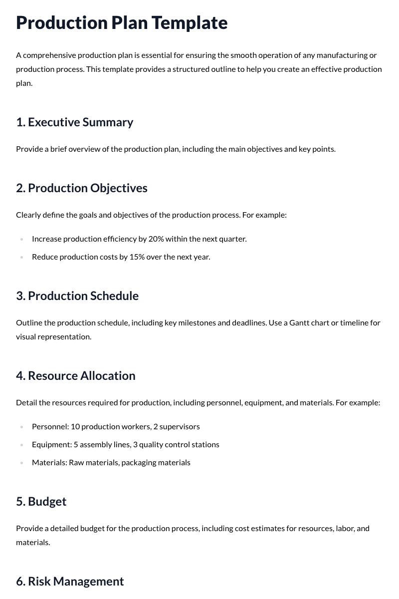 Production Plan Template