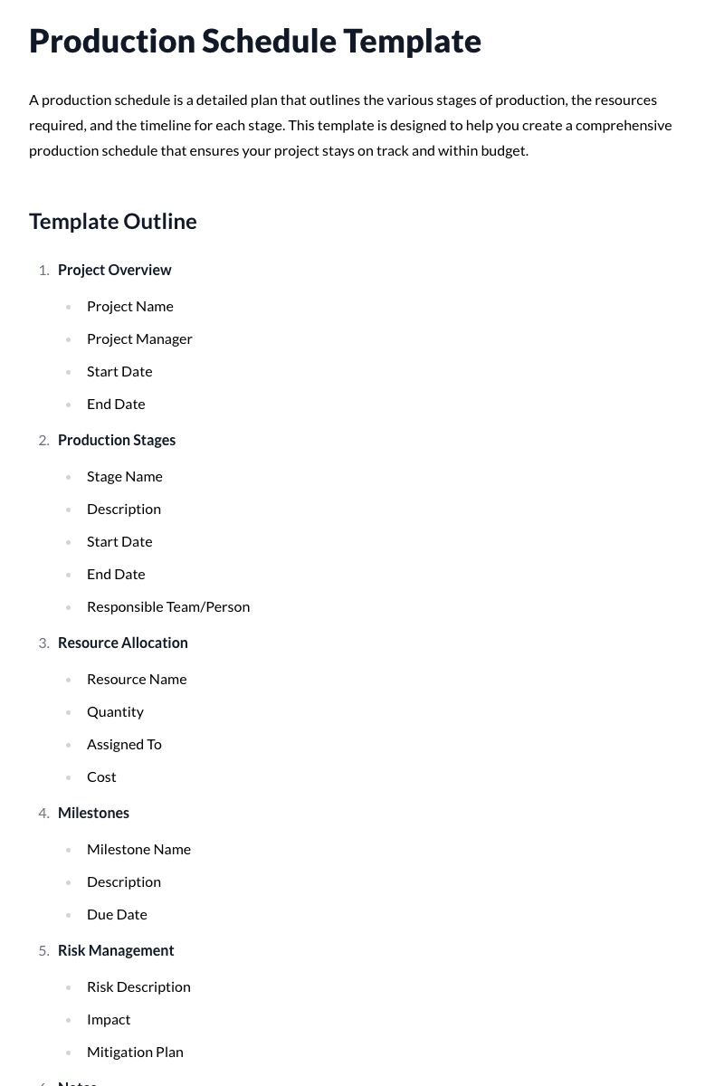 Production Schedule Template