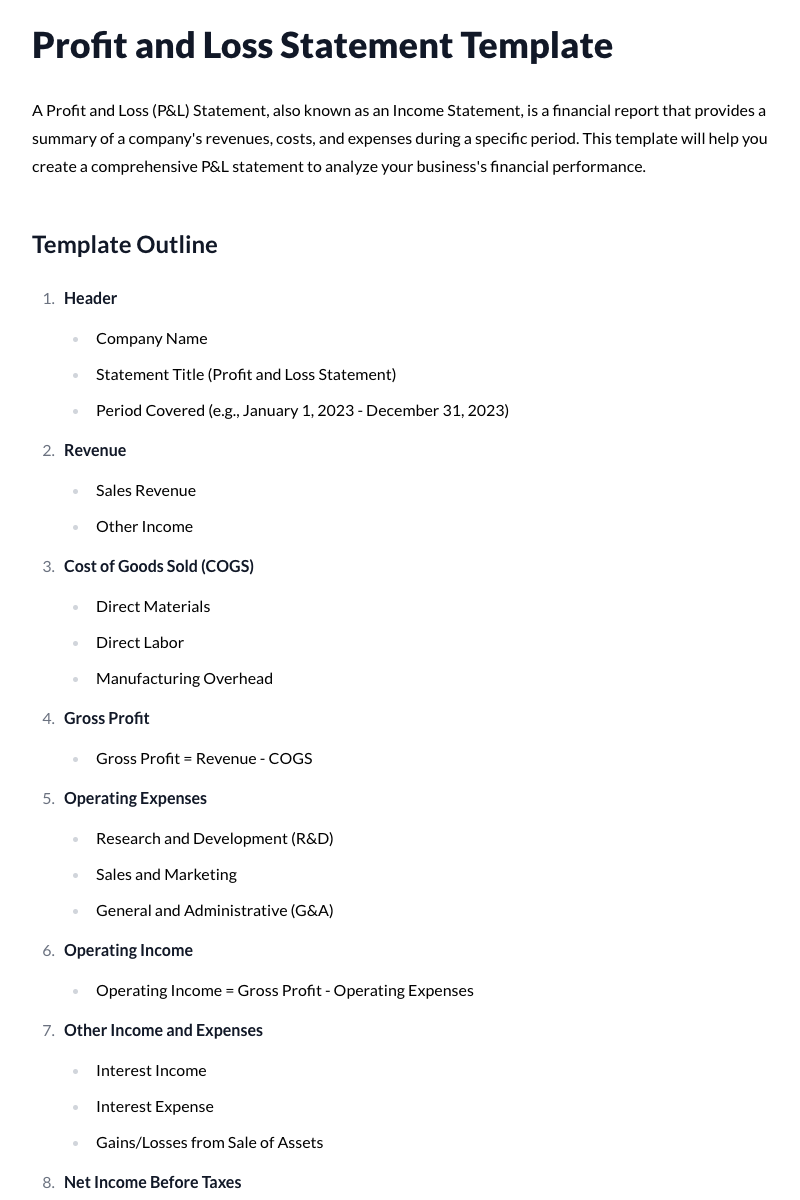 Profit and Loss Statement Template