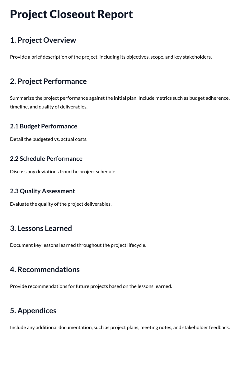 Project Closeout Report Template