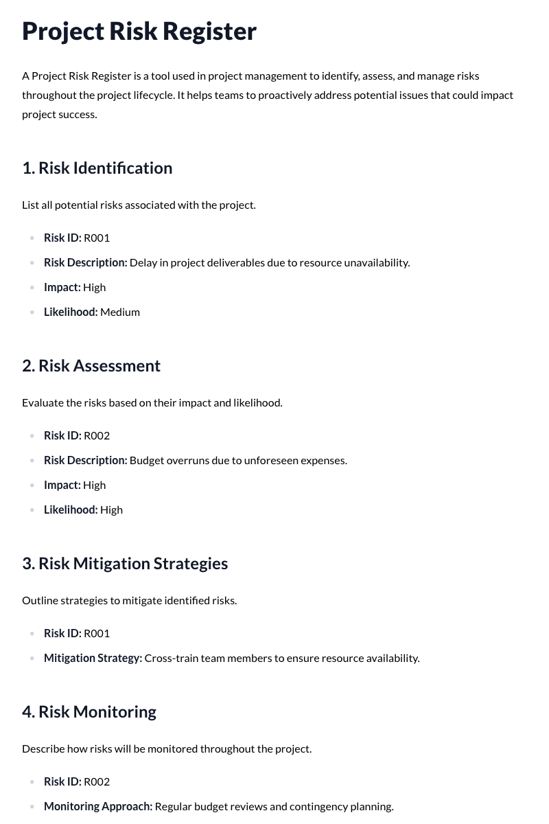 Project Risk Register Template