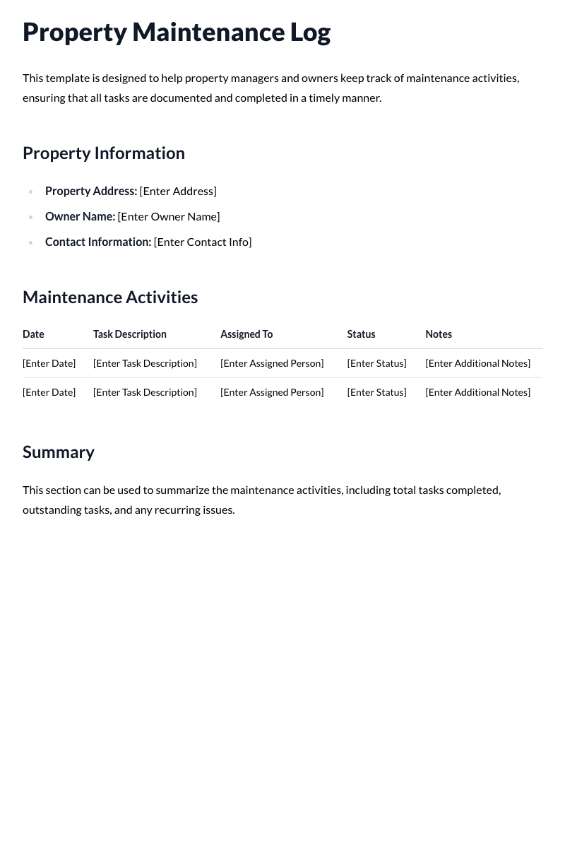 Property Maintenance Log Template