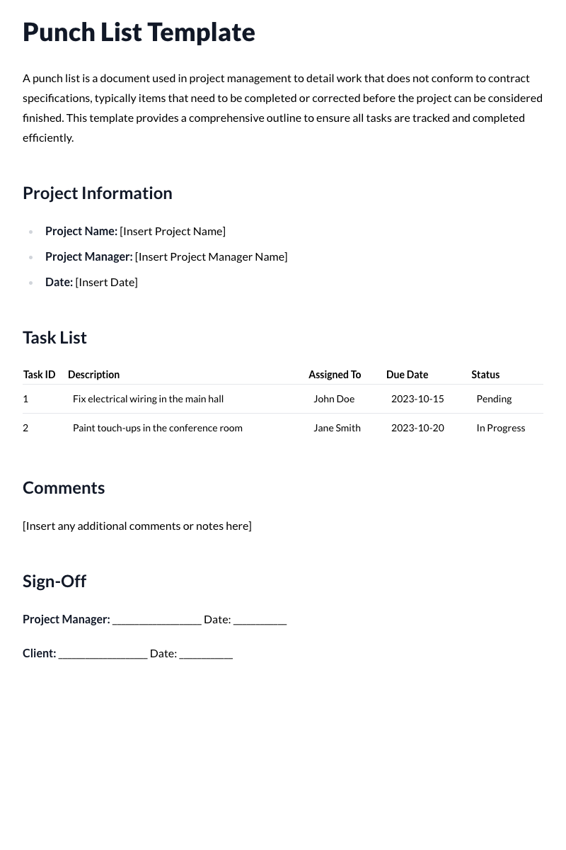 Punch List Template