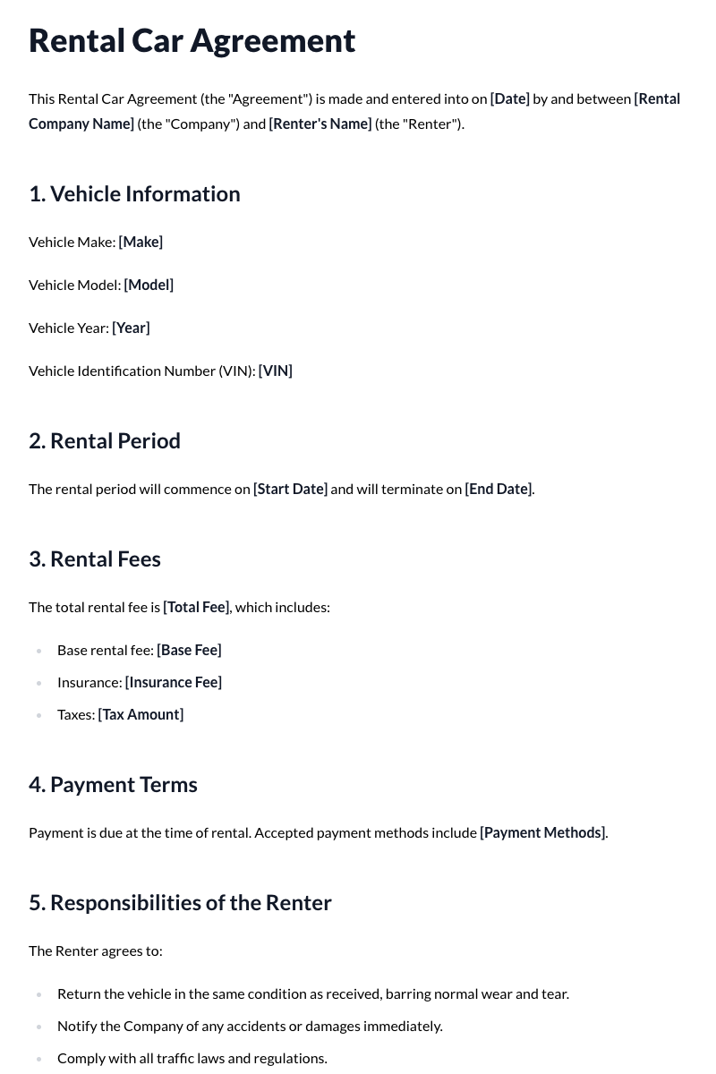 Rental Car Agreement Template
