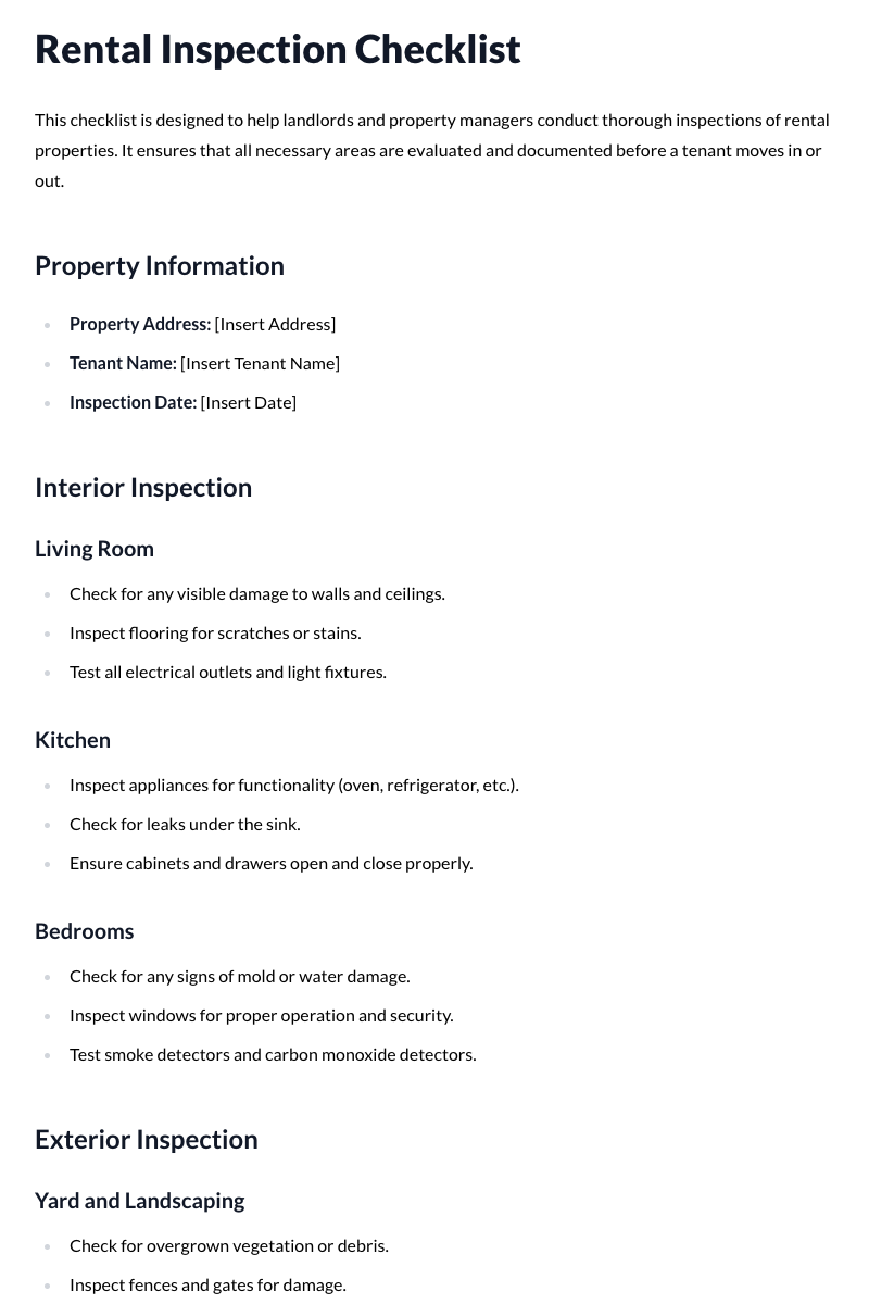 Rental Inspection Checklist Template