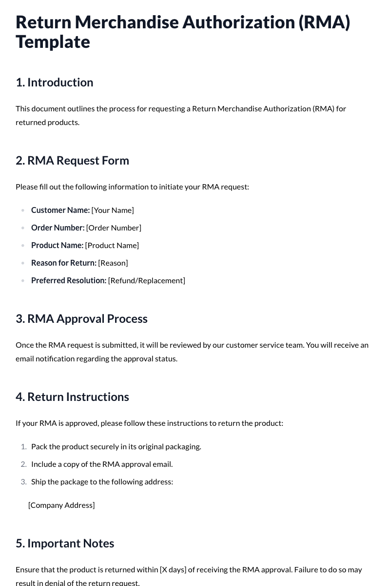 Return Merchandise Authorizations (RMAs) Template