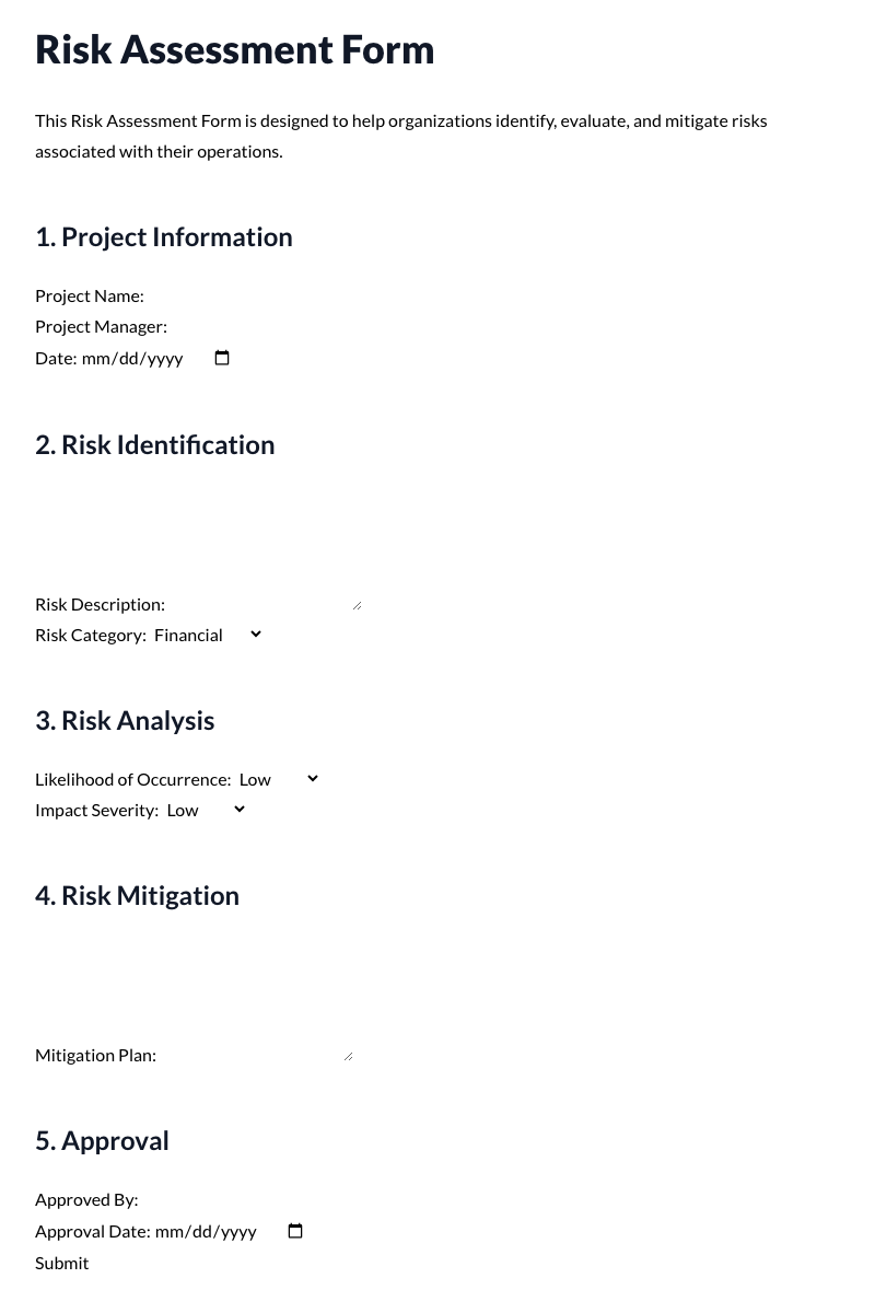 Risk Assessment Form Template
