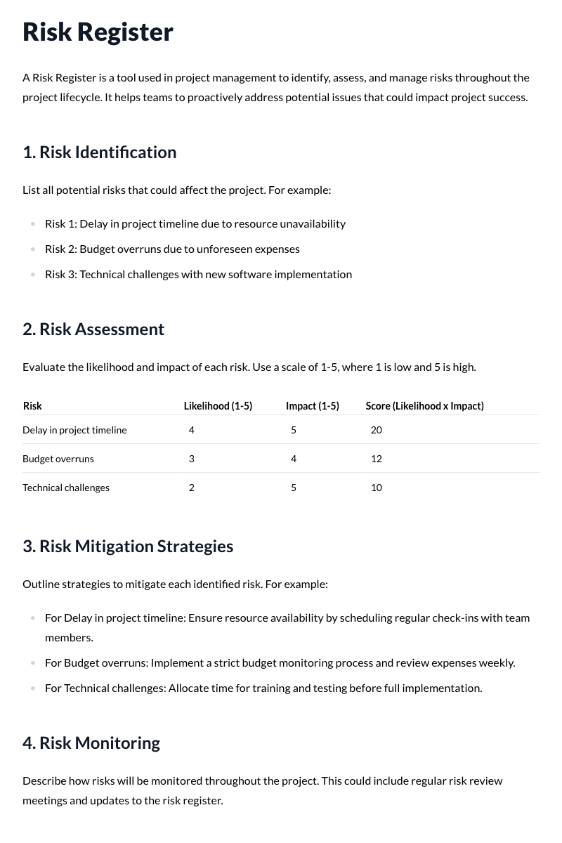 Risk Register Template