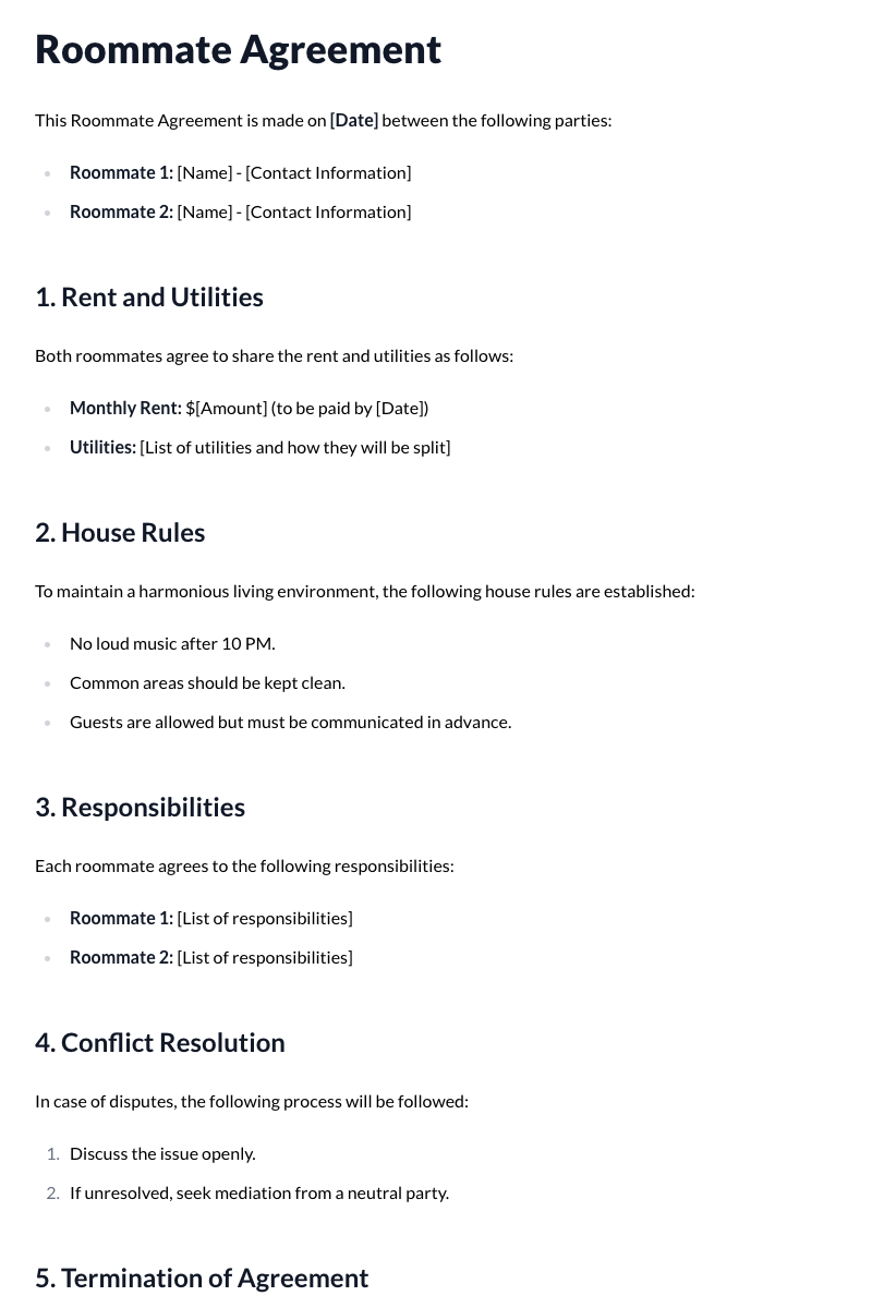 Roommate Agreement Template