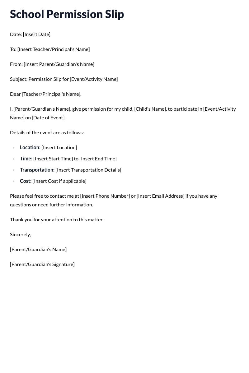 School Permission Slip Template