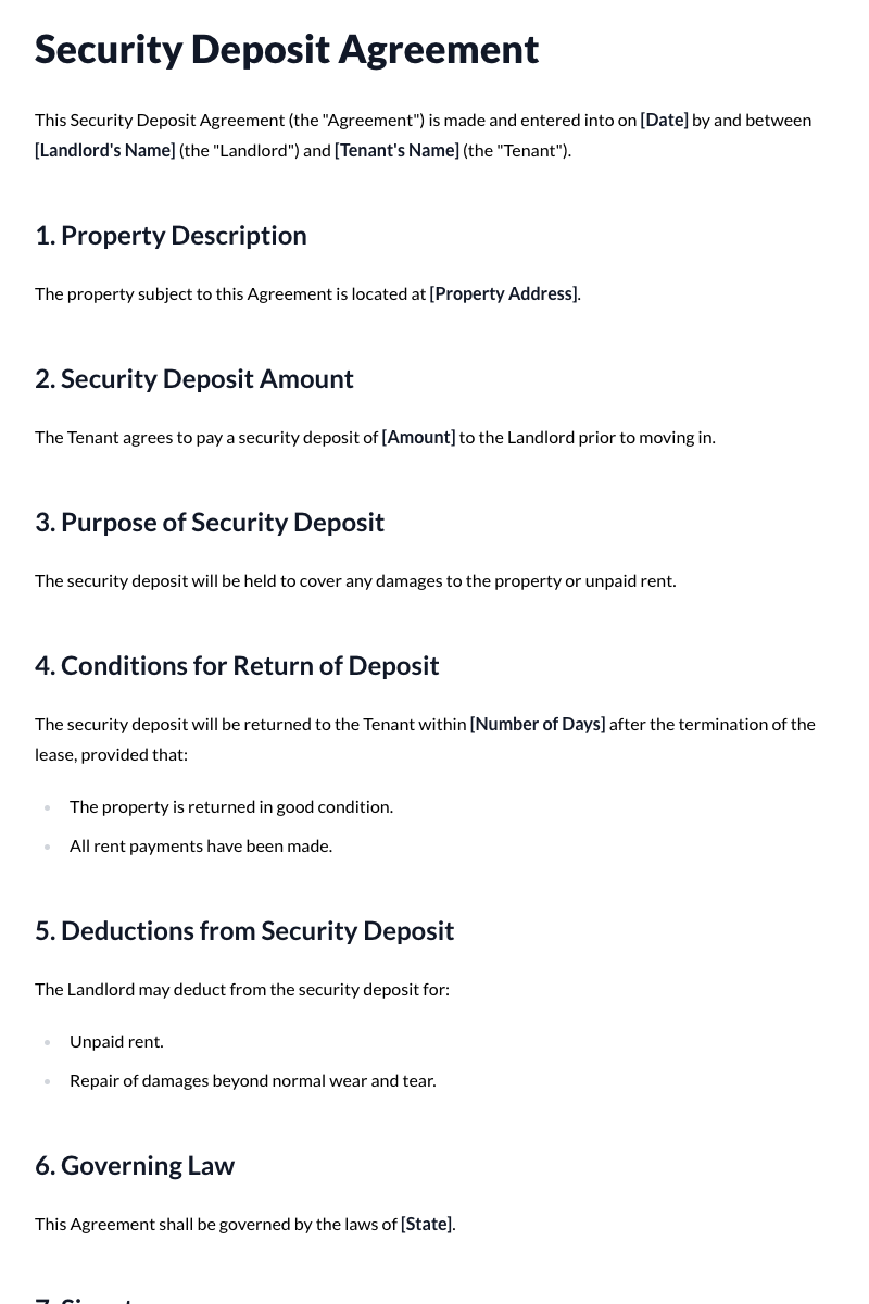 Security Deposit Agreement Template