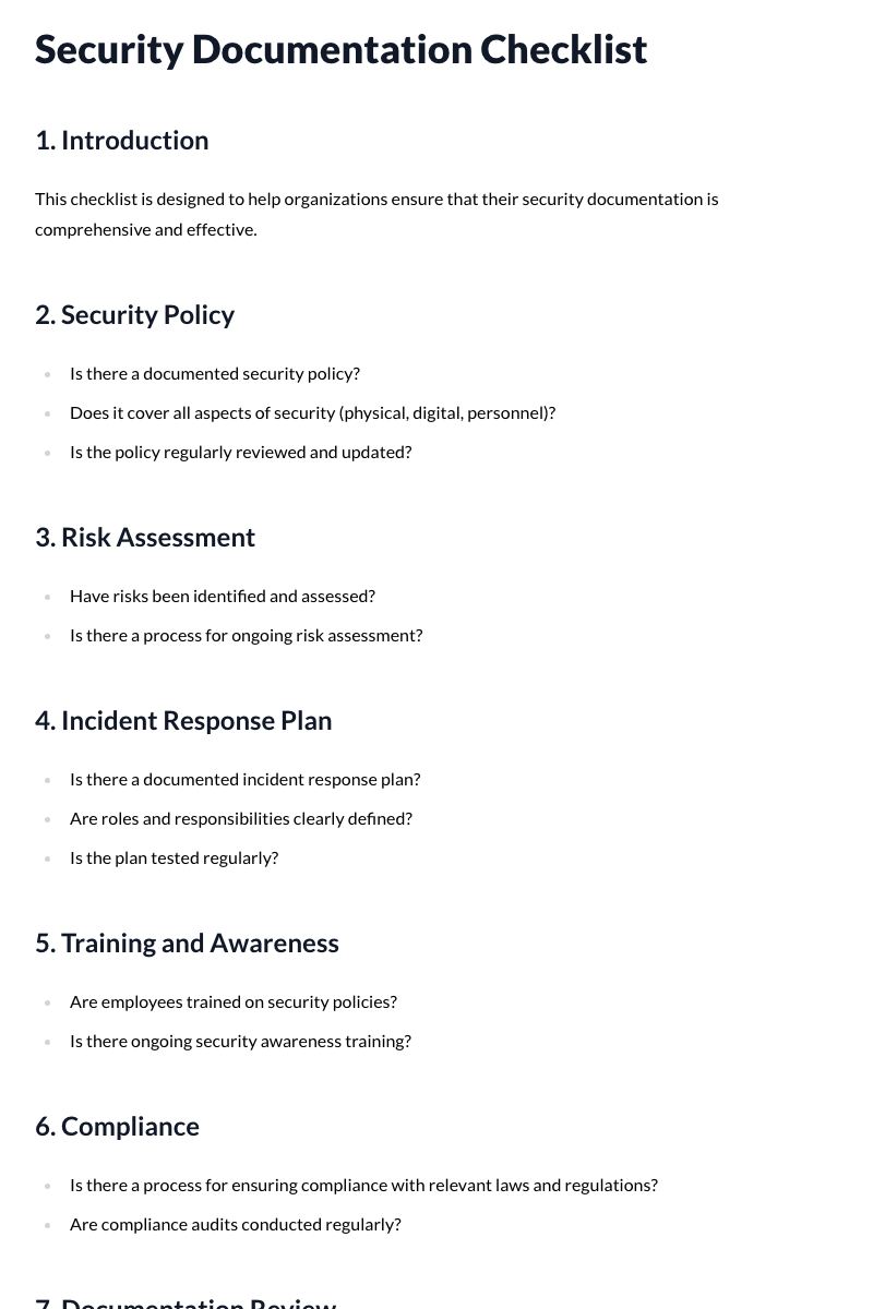 Security Documentation Checklist Template