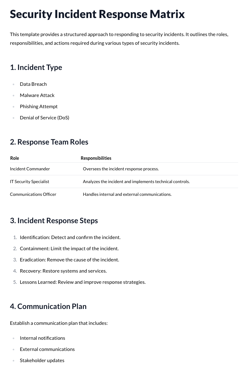 Security Incident Response Matrix Template
