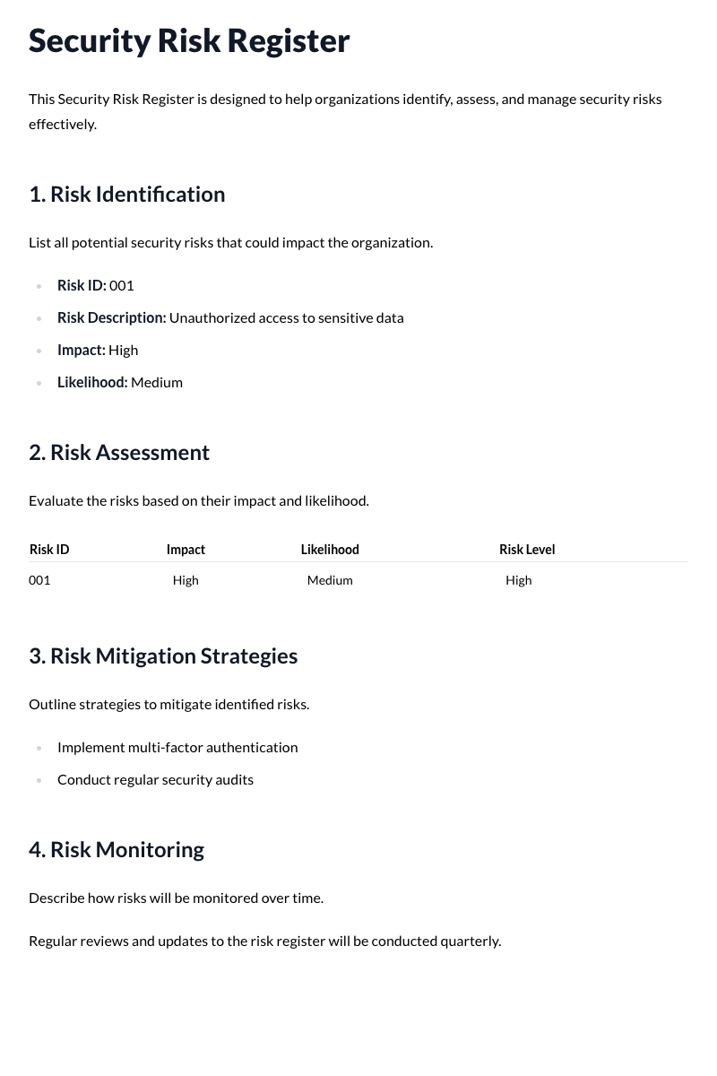Security Risk Register Template