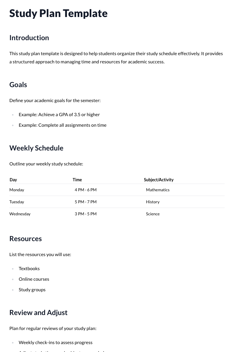 Study Plan Template