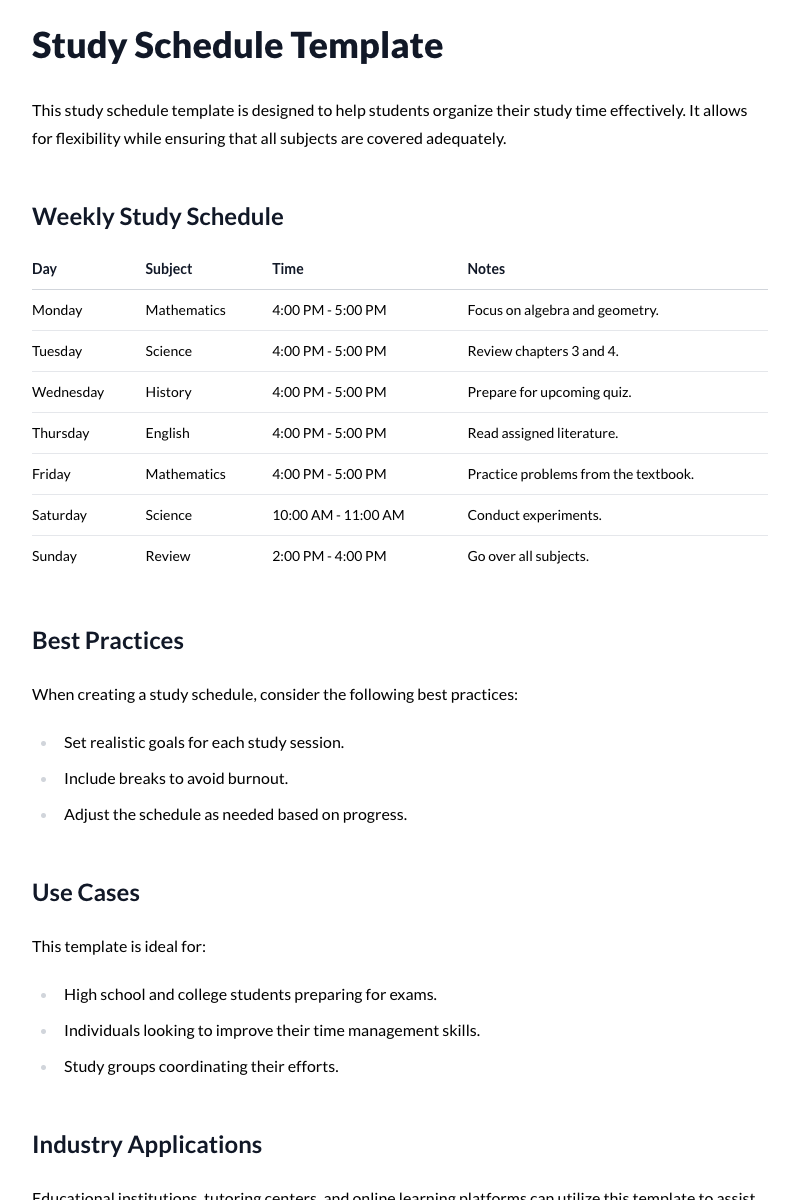 Study Schedule Template