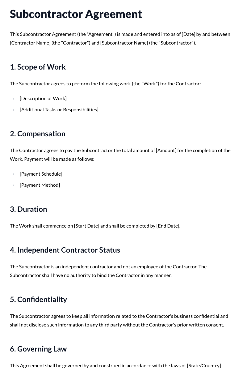 Subcontractor Agreement Template