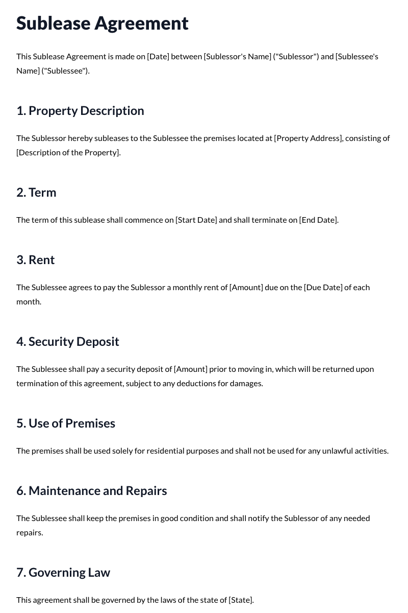 Sublease Agreement Template