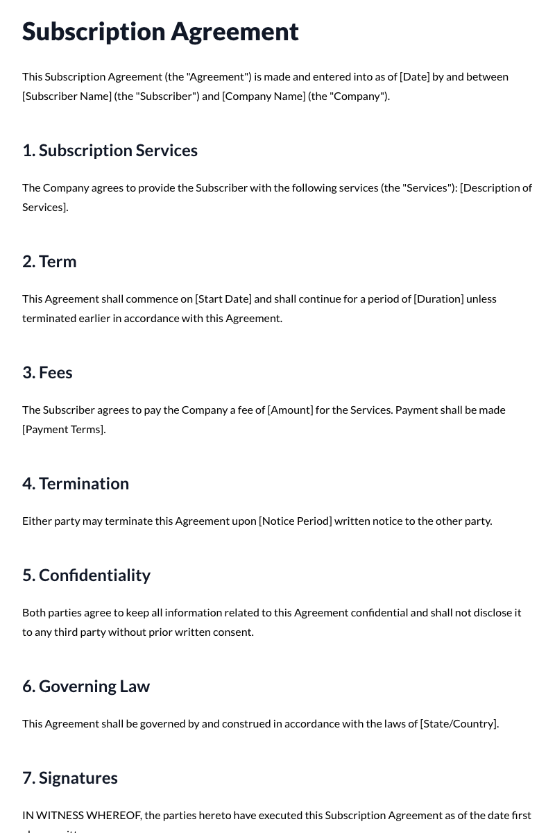 Subscription Agreements Template