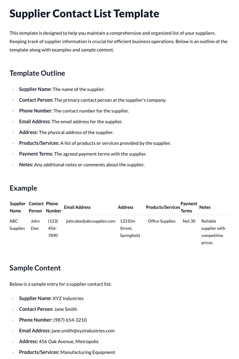 Supplier Contact List