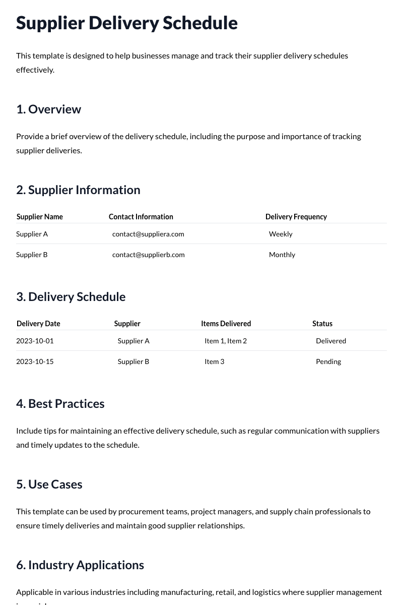 Supplier Delivery Schedule Template