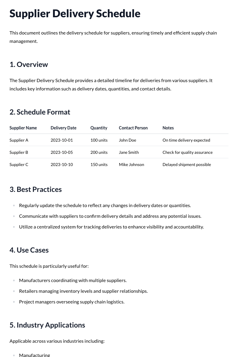 Supplier Delivery Schedule