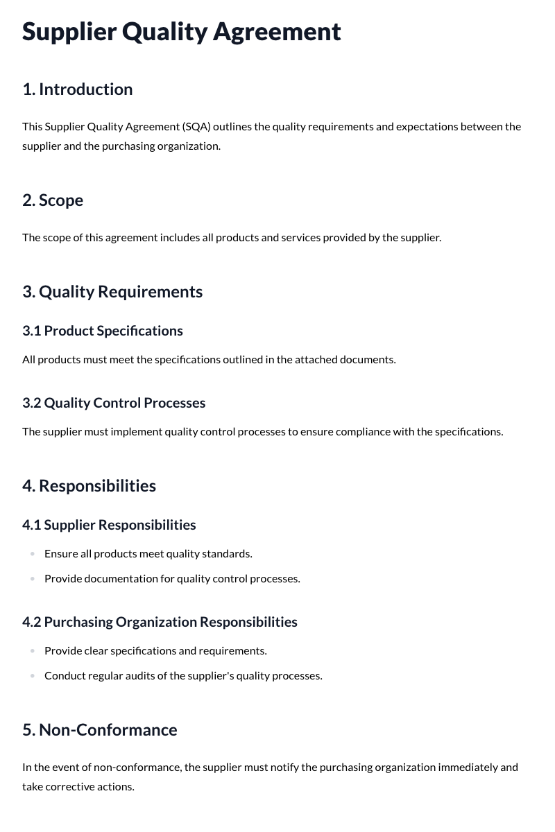 Supplier Quality Agreement Template