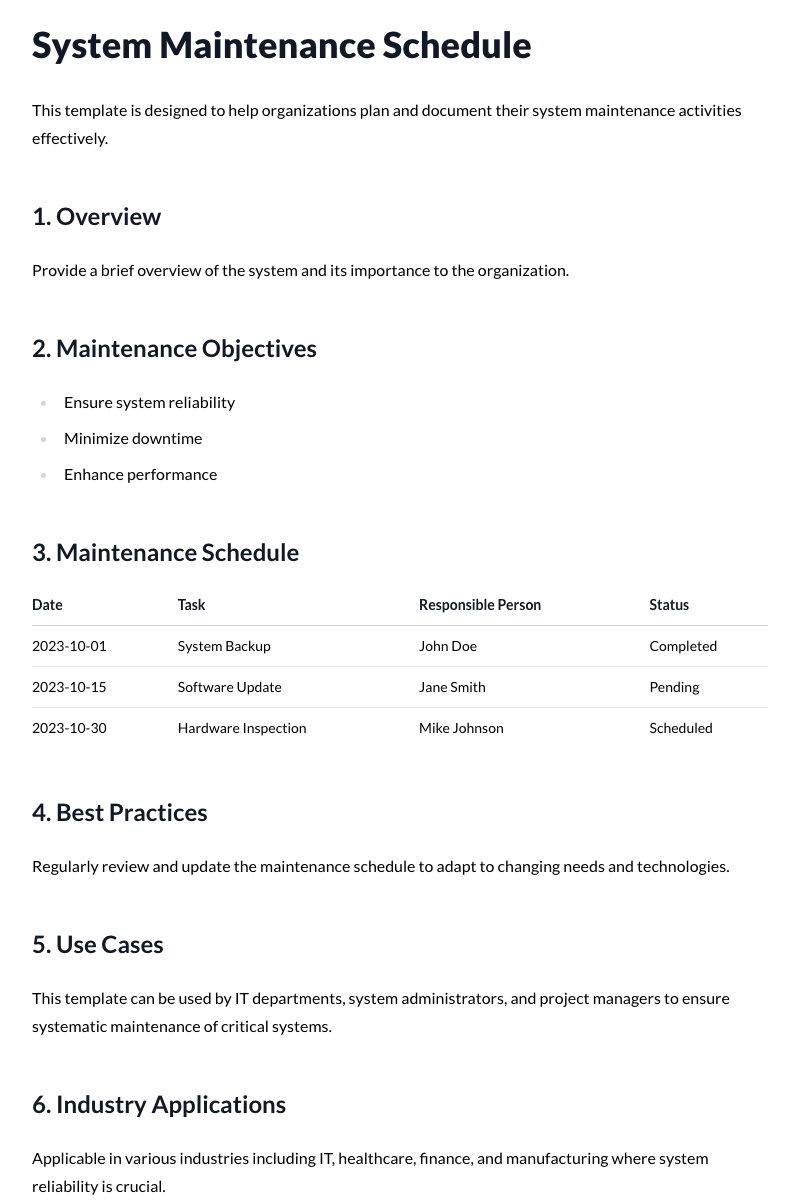 System Maintenance Schedule Template