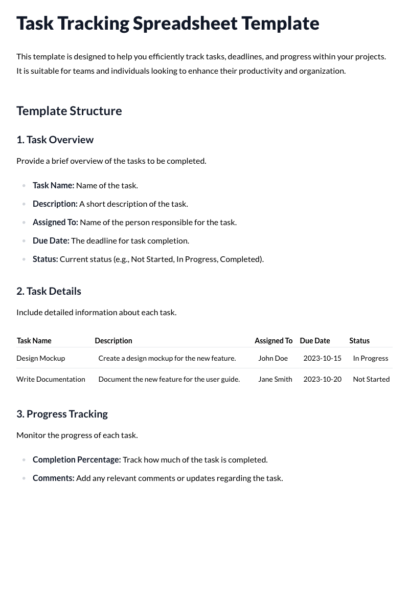 Task Tracking Spreadsheet Template