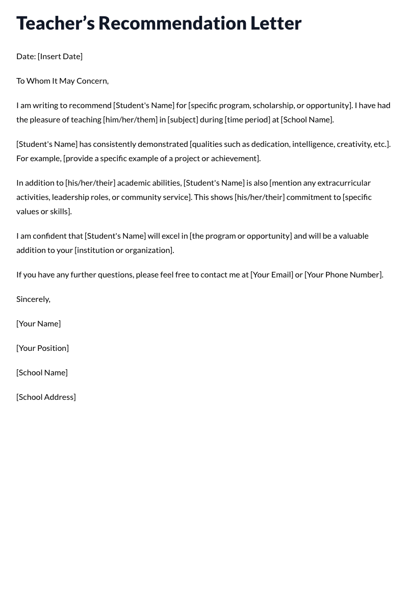 Teacher’s Recommendation Letter Template