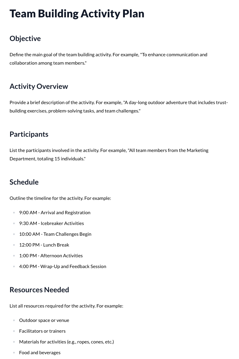 Team Building Activity Plan Template
