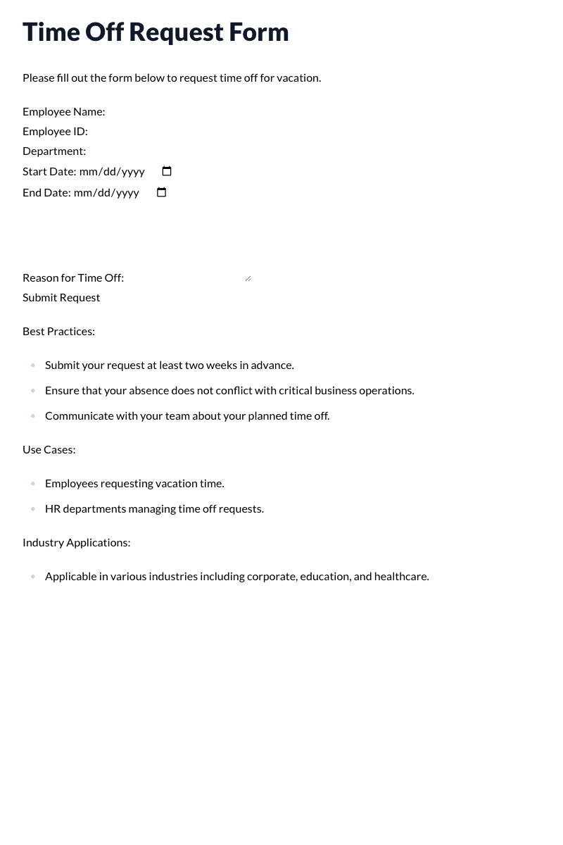 Time Off Request Form Template (Vacation)
