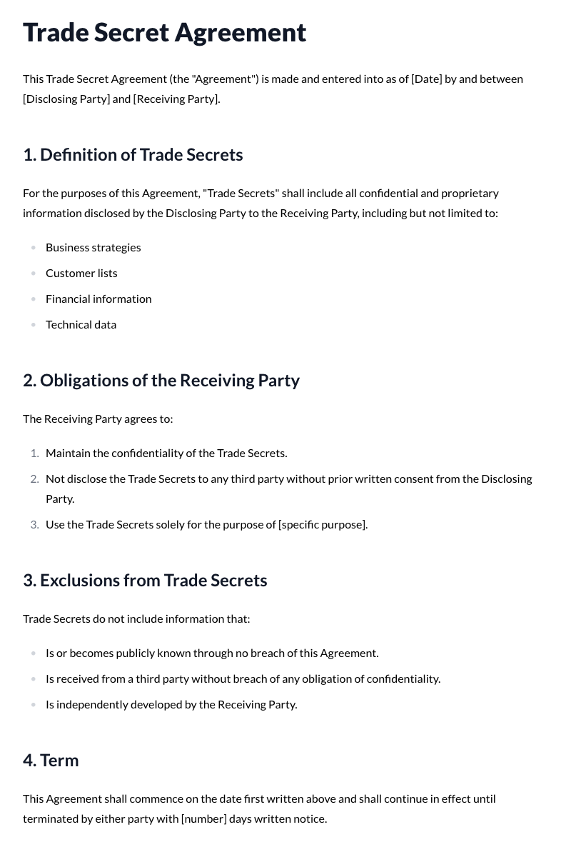 Trade Secret Agreement Template