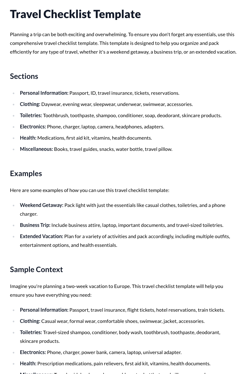 Travel Checklist Template
