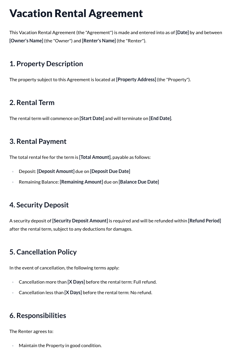 Vacation Rental Agreement Template