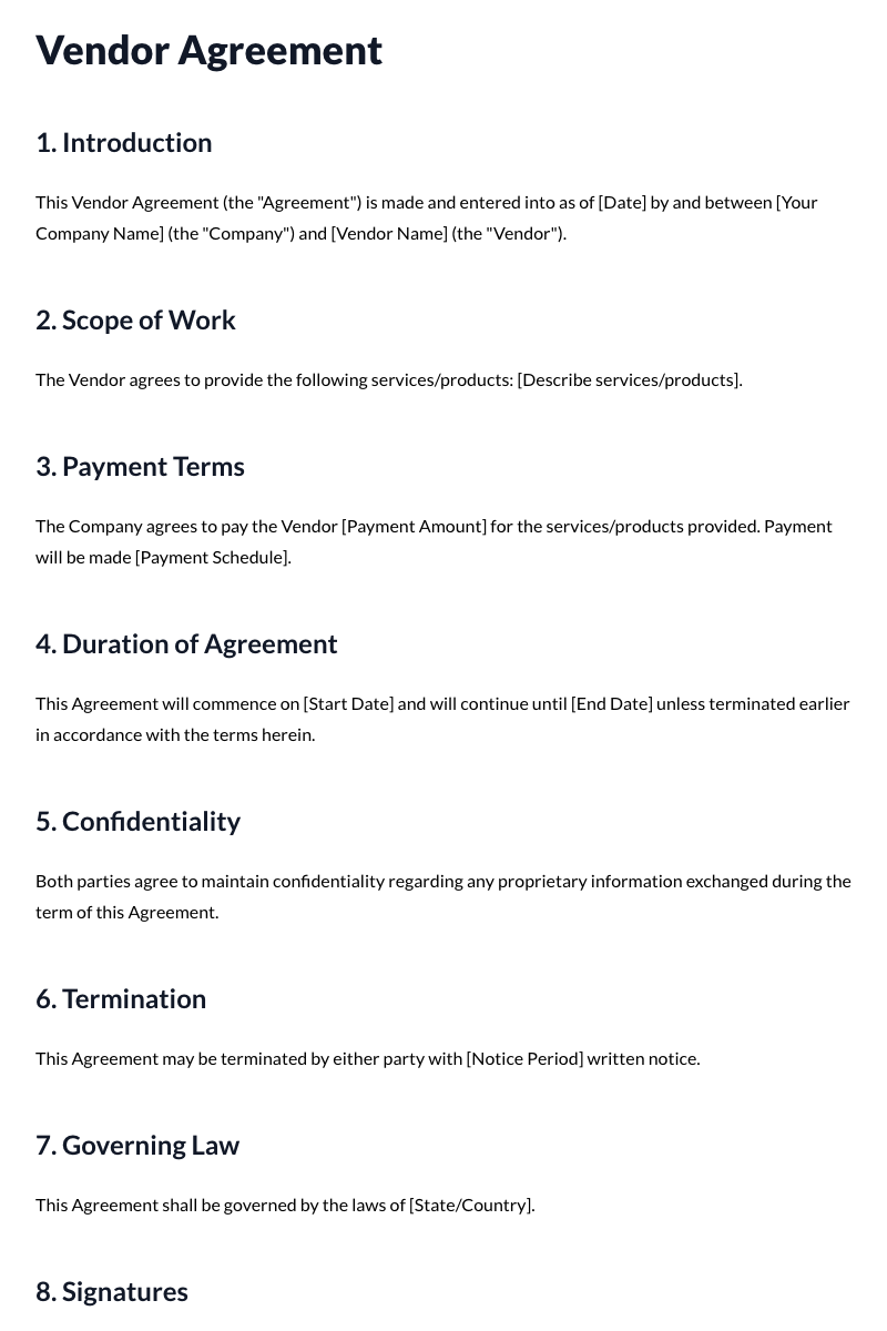 Vendor Agreements Template