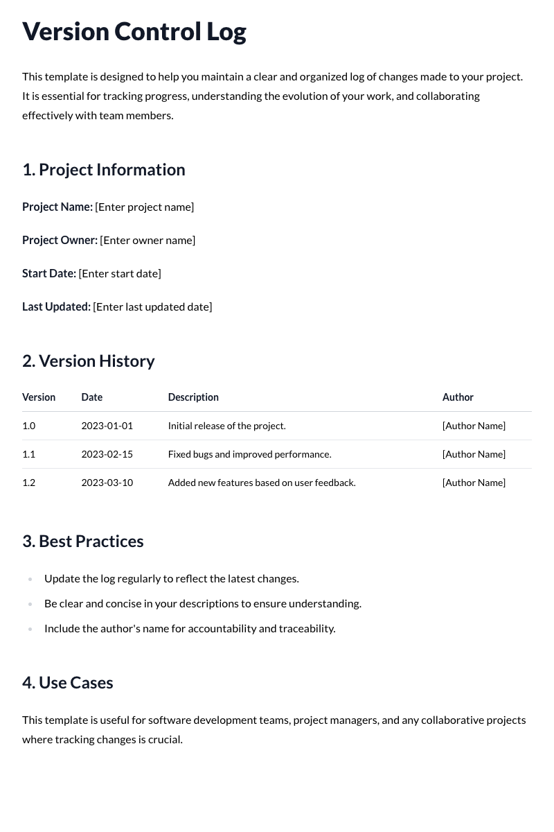 Version Control Log Template
