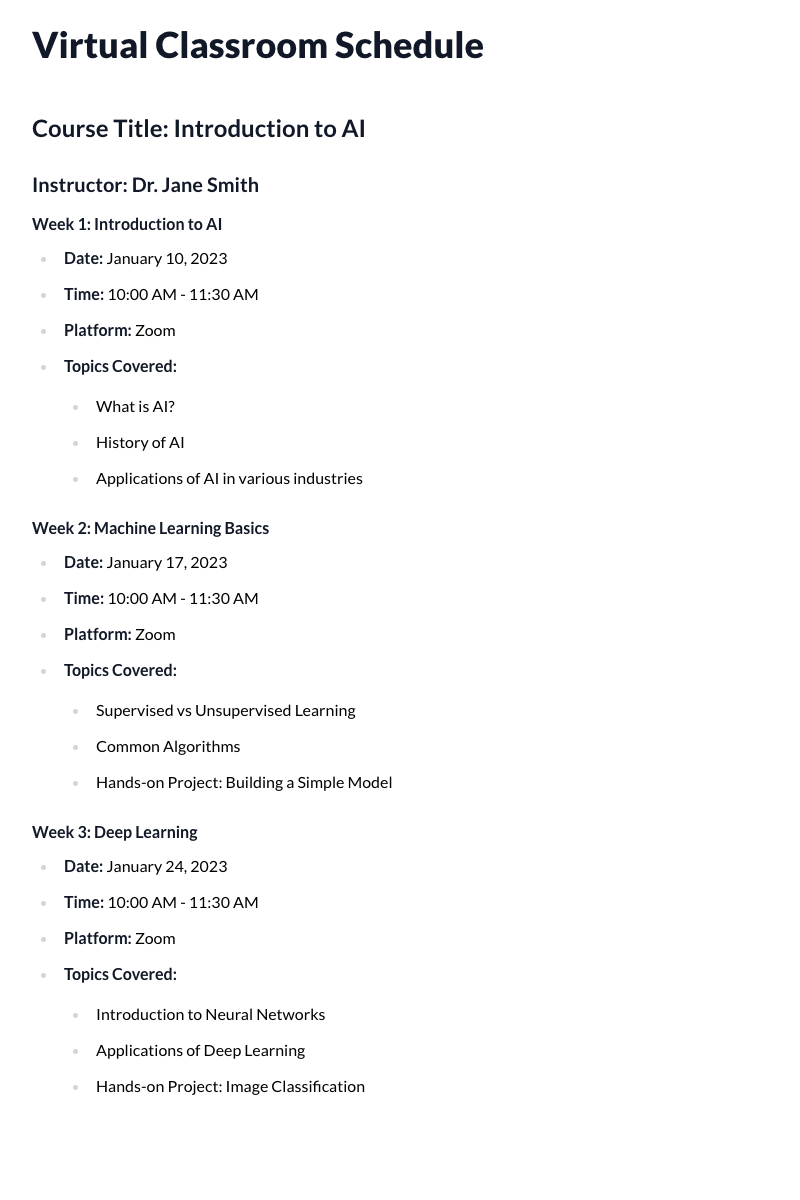 Virtual Classroom Schedule Template