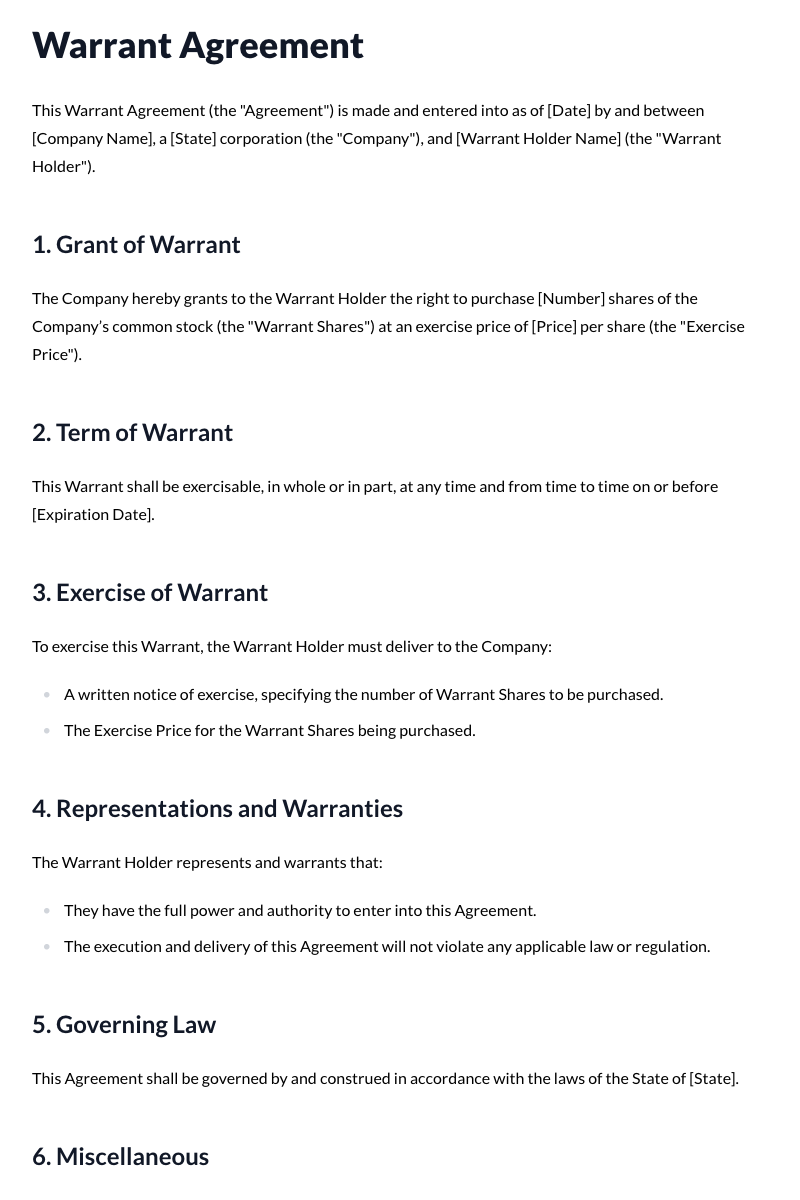 Warrant Agreements Template