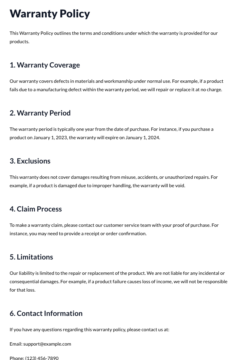 Warranty Policy Template