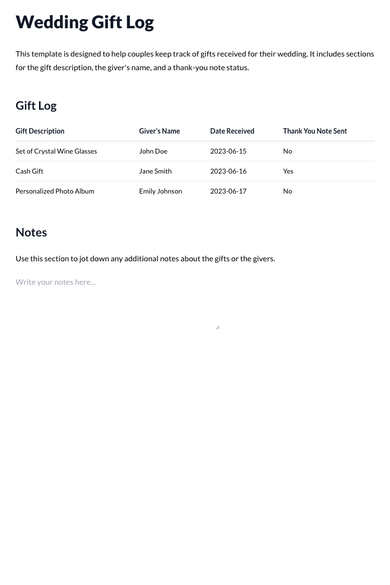 Wedding Gift Log Template