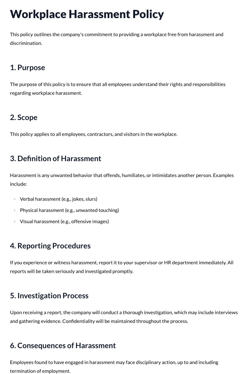 Workplace Harassment Policy Template